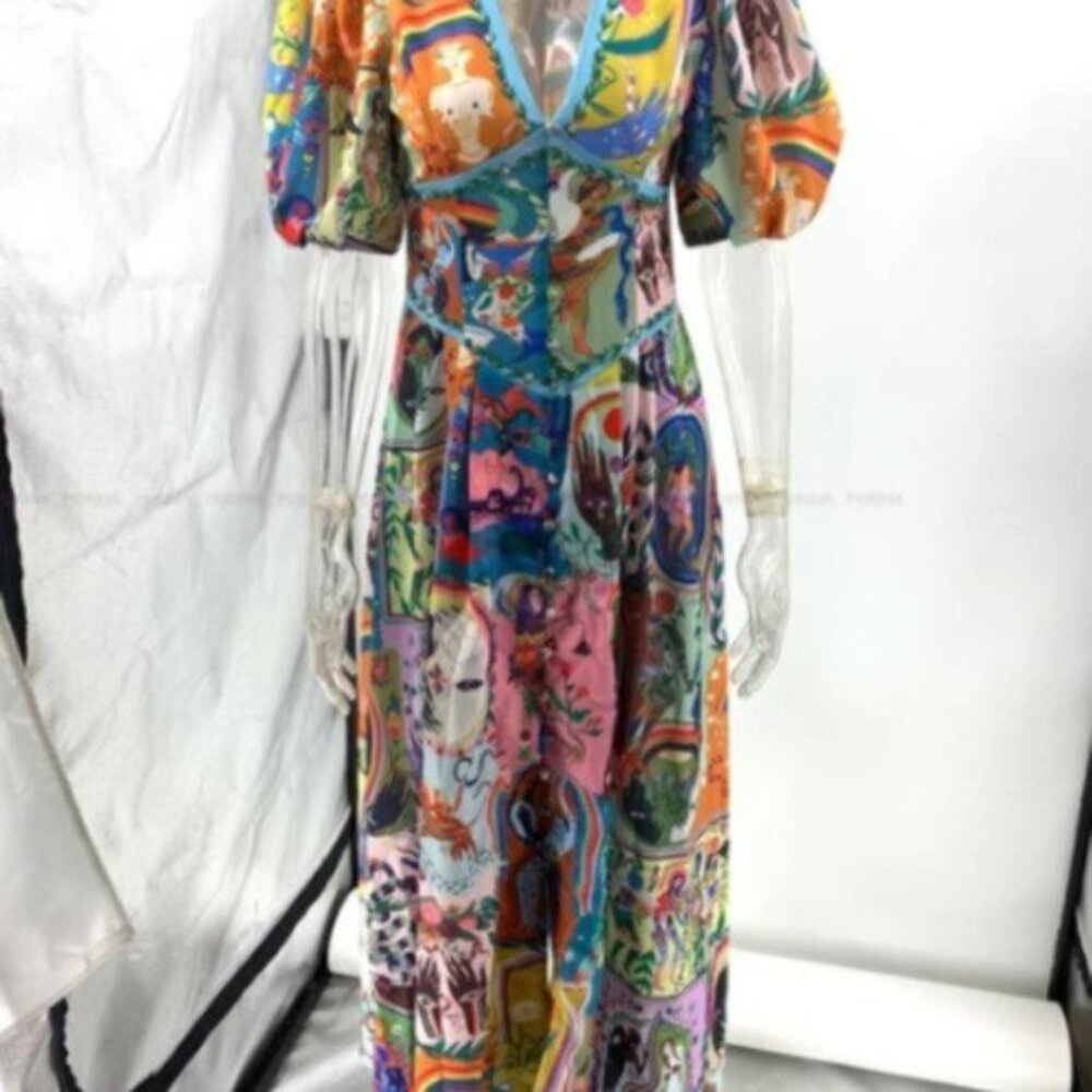 Green Art Puff Sleeve Corset Linen Abstract Floral A- Line Midi Dress XL - Picture 8 of 16